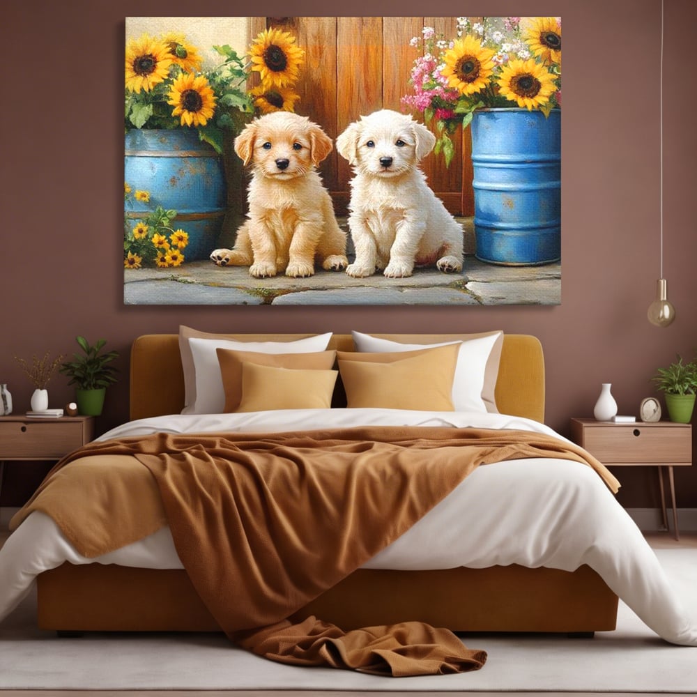 Tablou canvas cu pictura cu doi catei si floarea-soarelui, fara rama, pe sasiu de lemn, pe perete intr-un dormitor
